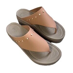 Crocs Brooklyn Platform Flip Flops Tan Studded Wedge Slides Women's Size 11